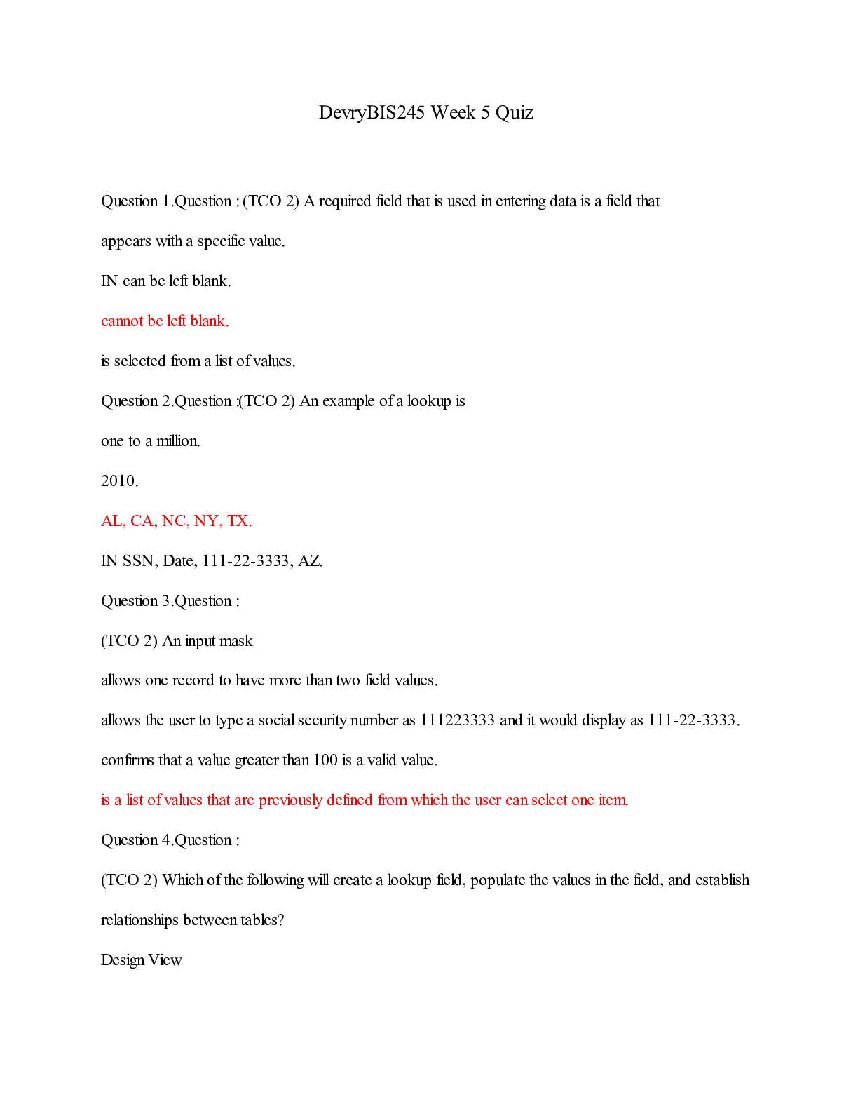 Preview of DevryBIS245 Week 5 Quiz/DevryBIS245 Week 5 Quiz